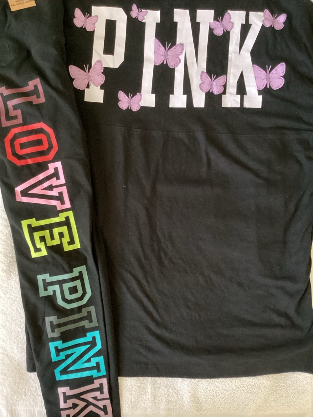 Victoria’s Secret LOVE PINK Butterflies Shirt Rainbow M Leggings L NWT
